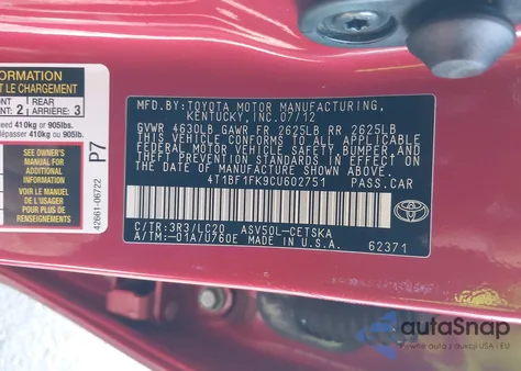 2012 Toyota Camry Se from USA, damaged, VIN 4T1BF1FK9CU602751